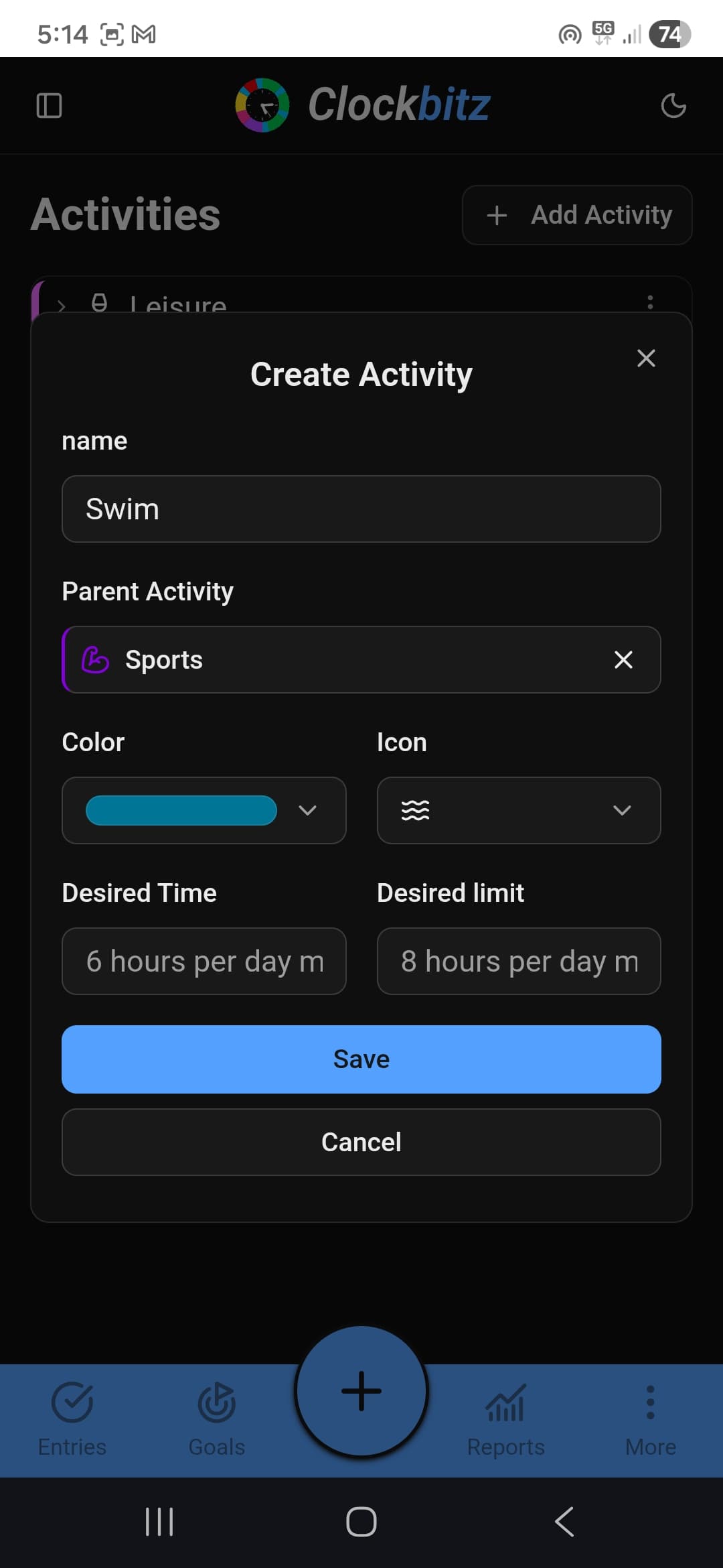 Activity creation form with fields for name, color, icon, and parent activity