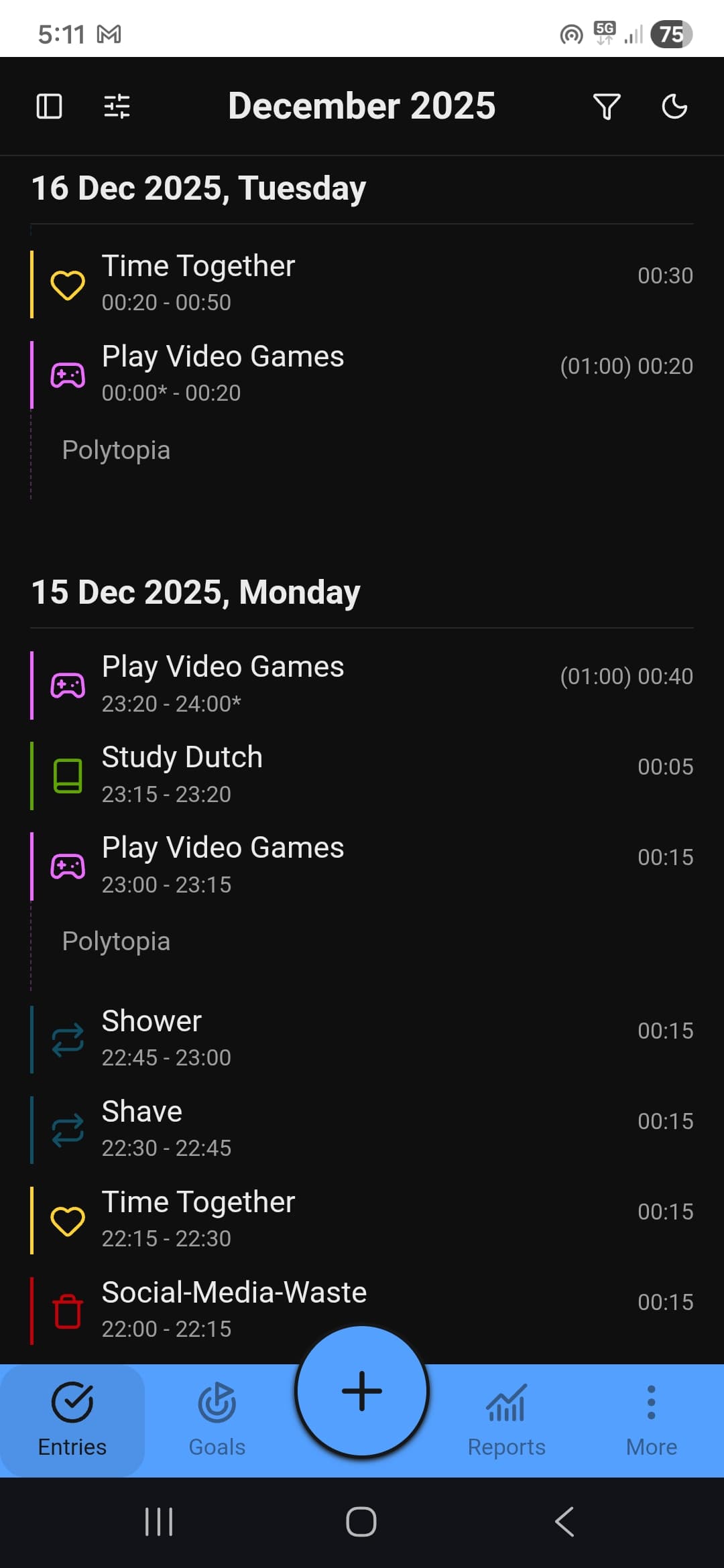 Time entries list showing logged activities with start times, end times, and durations