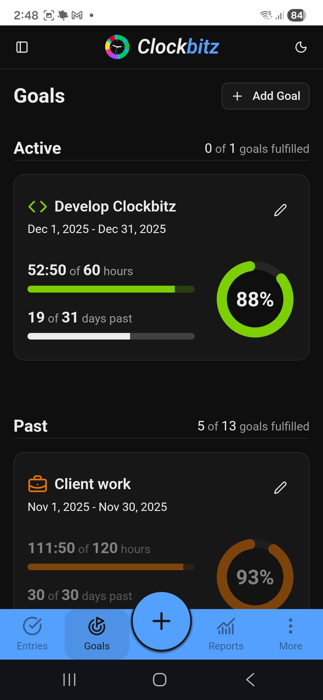 Goals dashboard showing progress bars and status for tracked activities